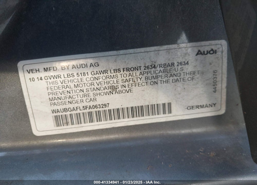 2015 AUDI S4 VIN: WAUBGAFL5FA063297