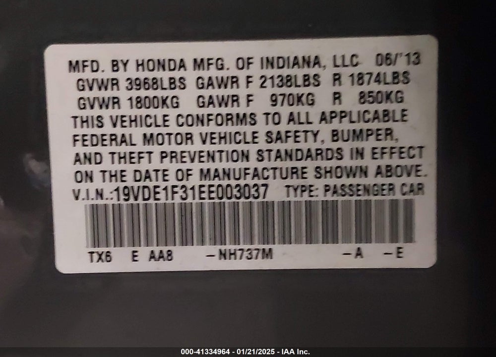 2014 ACURA ILX VIN: 19VDE1F31EE003037