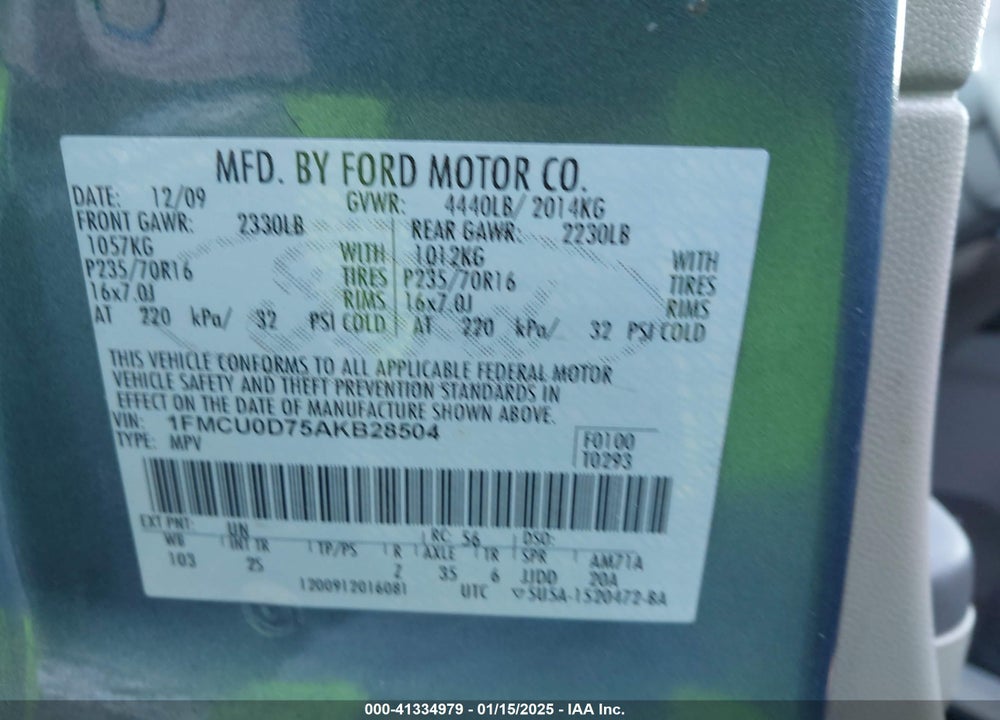 2010 FORD ESCAPE XLT VIN: 1FMCU0D75AKB28504