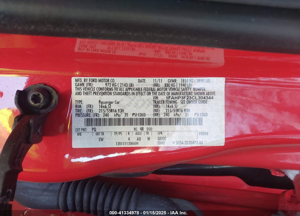 2012 FORD FOCUS VIN: 1FAHP3F23CL304344