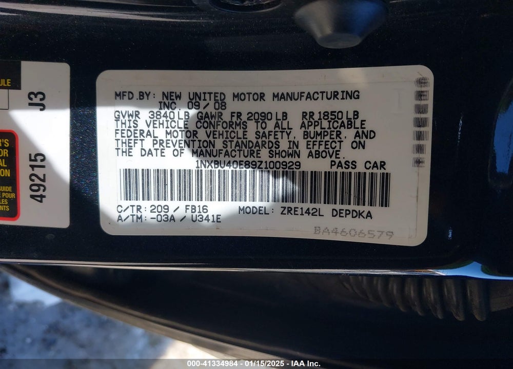 2009 TOYOTA COROLLA VIN: 1NXBU40E89Z100929