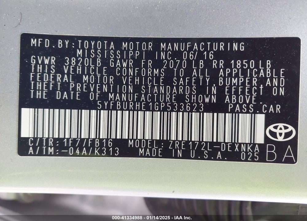 2016 TOYOTA COROLLA LE VIN: 5YFBURHE1GP533623