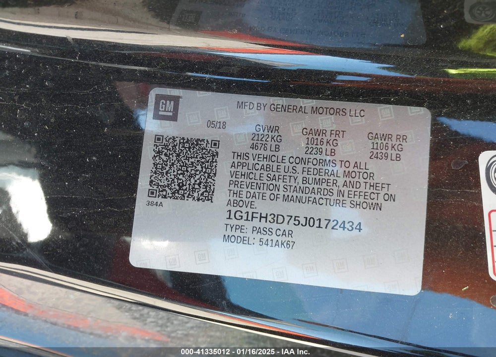2018 CHEVROLET CAMARO VIN: 1G1FH3D75J0172434