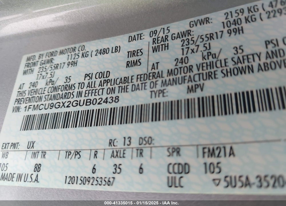 2016 FORD ESCAPE SE VIN: 1FMCU9GX2GUB02438