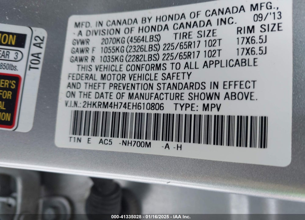 2014 HONDA CR-V EX-L VIN: 2HKRM4H74EH610806