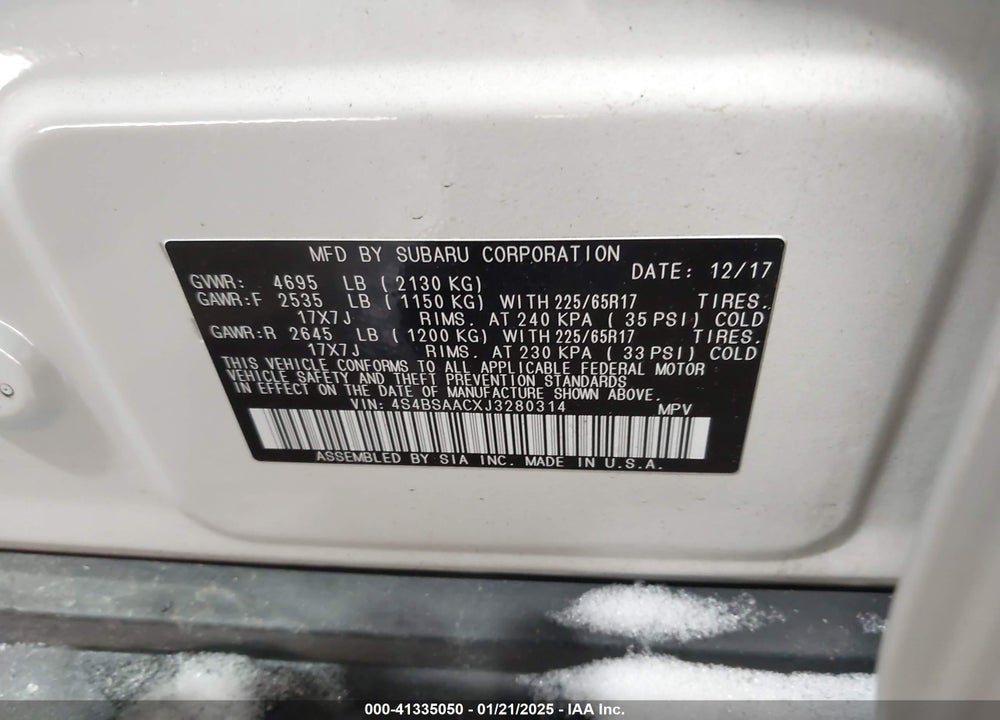 2018 SUBARU OUTBACK VIN: 4S4BSAACXJ3280314
