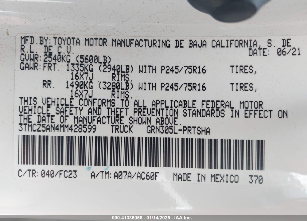 2021 TOYOTA TACOMA VIN: 3TMCZ5AN4MM428599