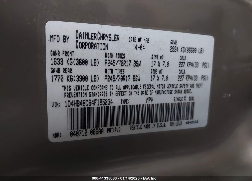 2004 DODGE DURANGO SLT VIN: 1D4HB48D84F195234