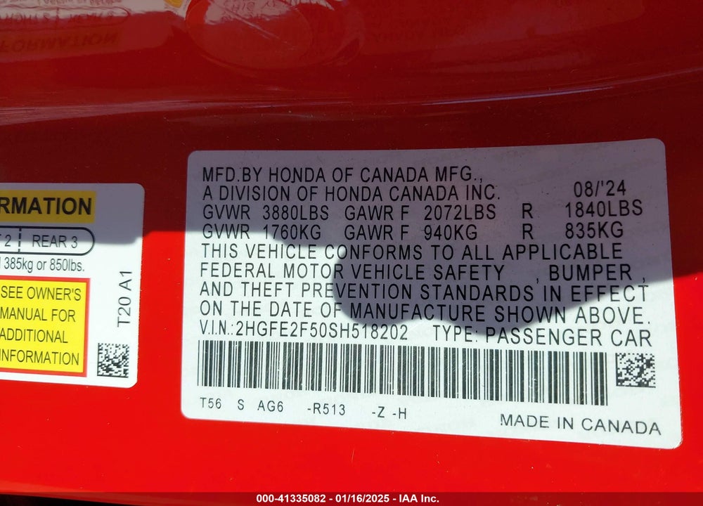 2025 HONDA CIVIC VIN: 2HGFE2F50SH518202
