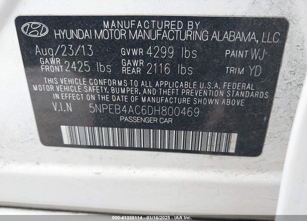 2013 HYUNDAI SONATA VIN: 5NPEB4AC6DH800469