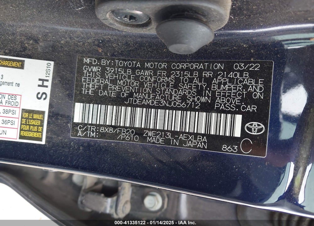 2022 TOYOTA COROLLA VIN: JTDEAMDE3NJ056712