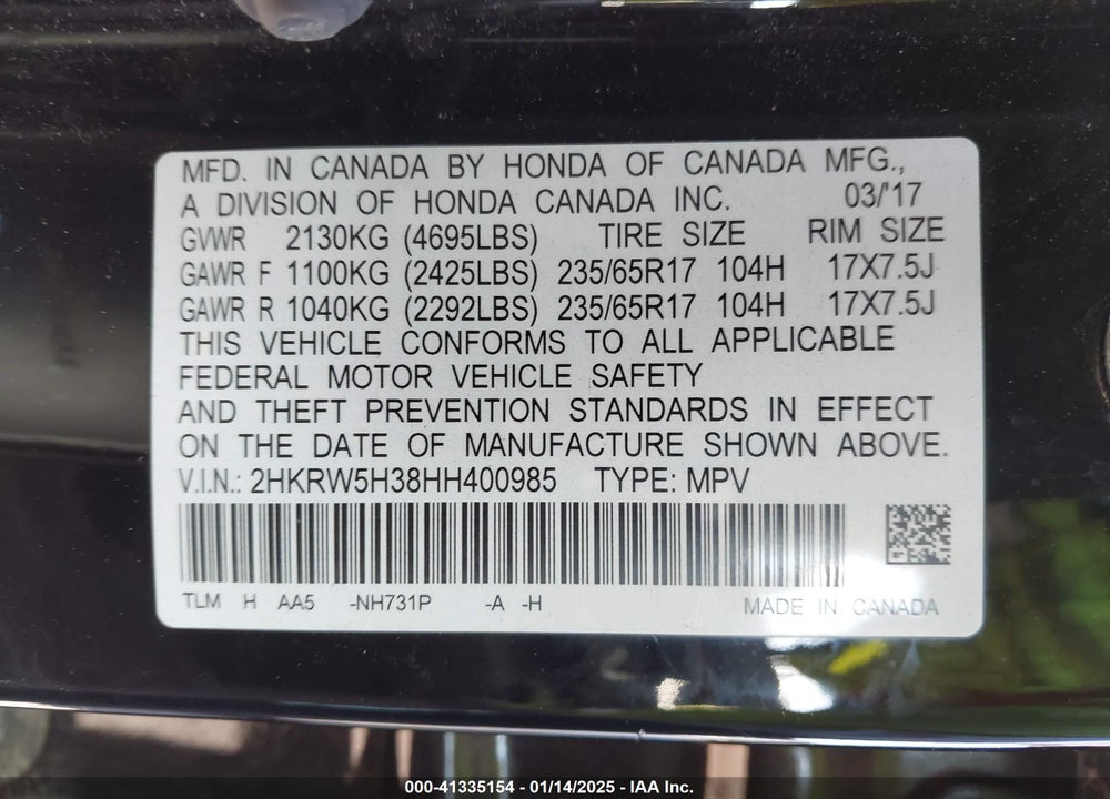 2017 HONDA CR-V LX VIN: 2HKRW5H38HH400985