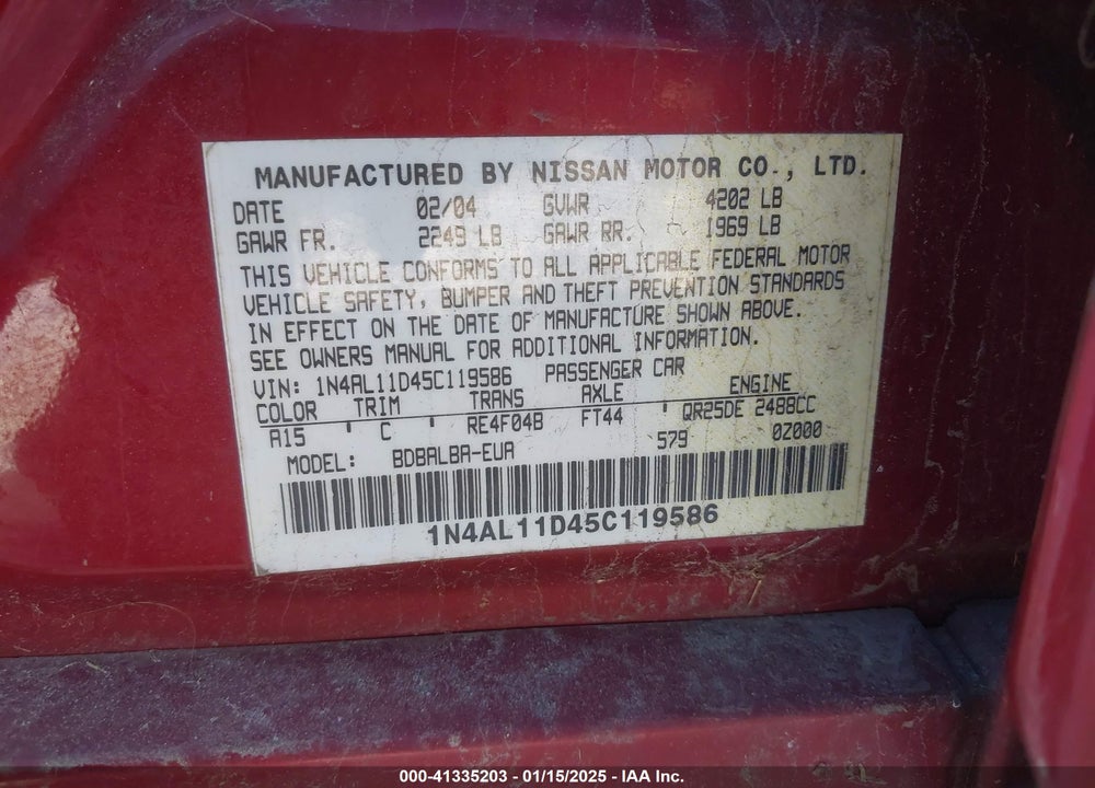 2005 NISSAN ALTIMA 2.5 S VIN: 1N4AL11D45C119586