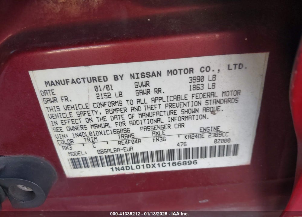 2001 NISSAN ALTIMA GXE VIN: 1N4DL01DX1C166896