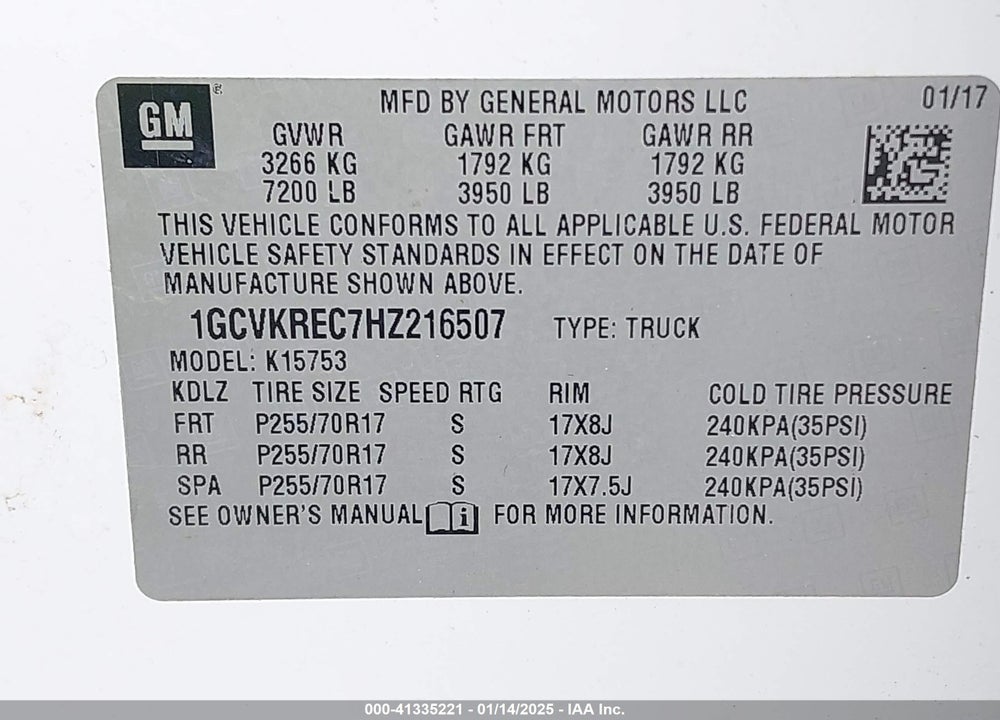 2017 CHEVROLET SILVERADO 1500 1LT VIN: 1GCVKREC7HZ216507
