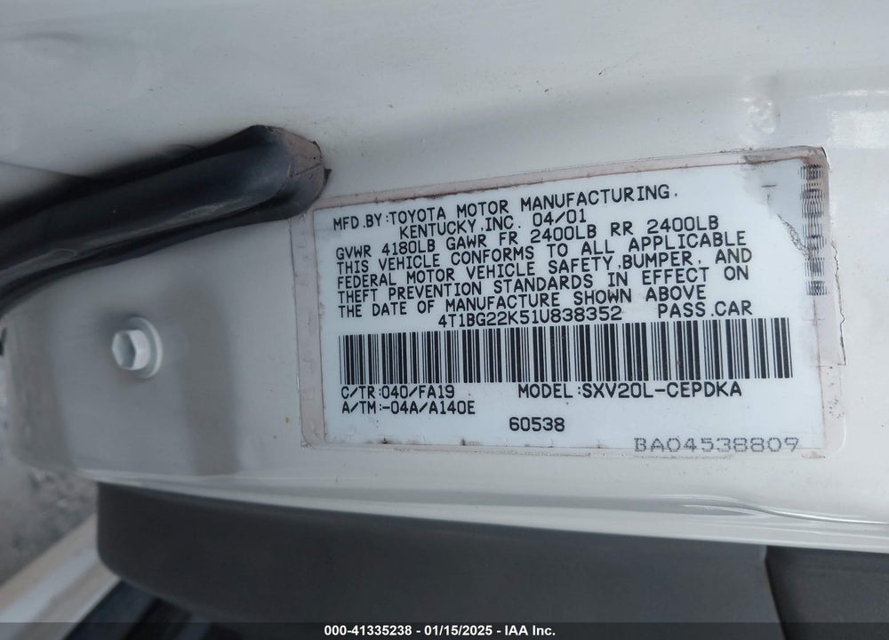 2001 TOYOTA CAMRY CE VIN: 4T1BG22K51U838352