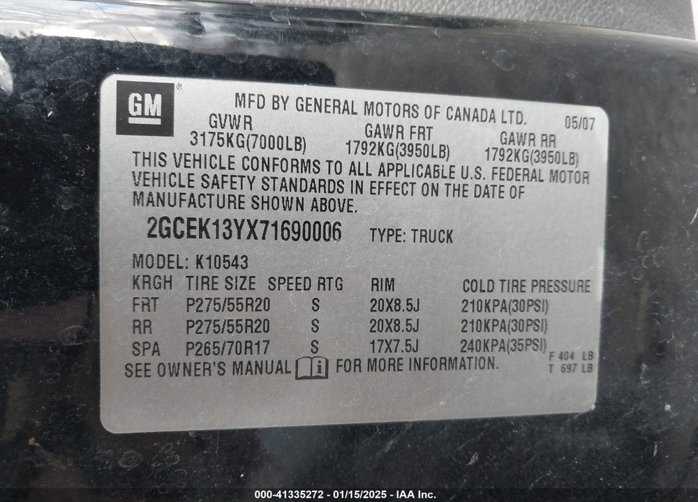 2007 CHEVROLET SILVERADO 1500 VIN: 2GCEK13YX71690006