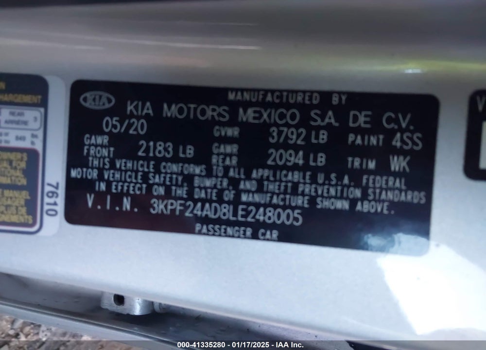 2020 KIA FORTE VIN: 3KPF24AD8LE248005