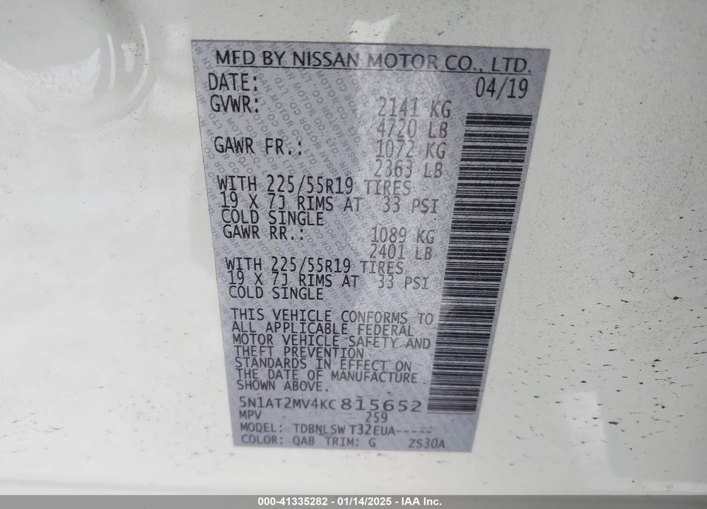 2019 NISSAN ROGUE SL VIN: 5N1AT2MV4KC815652