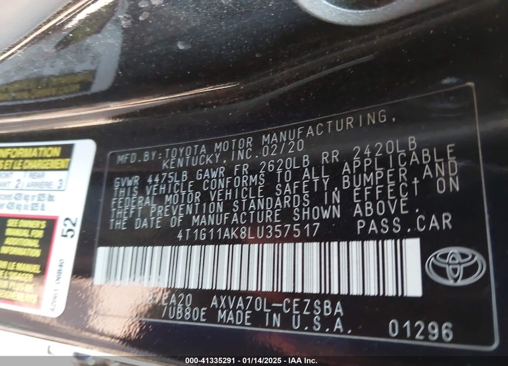 2020 TOYOTA CAMRY VIN: 4T1G11AK8LU357517