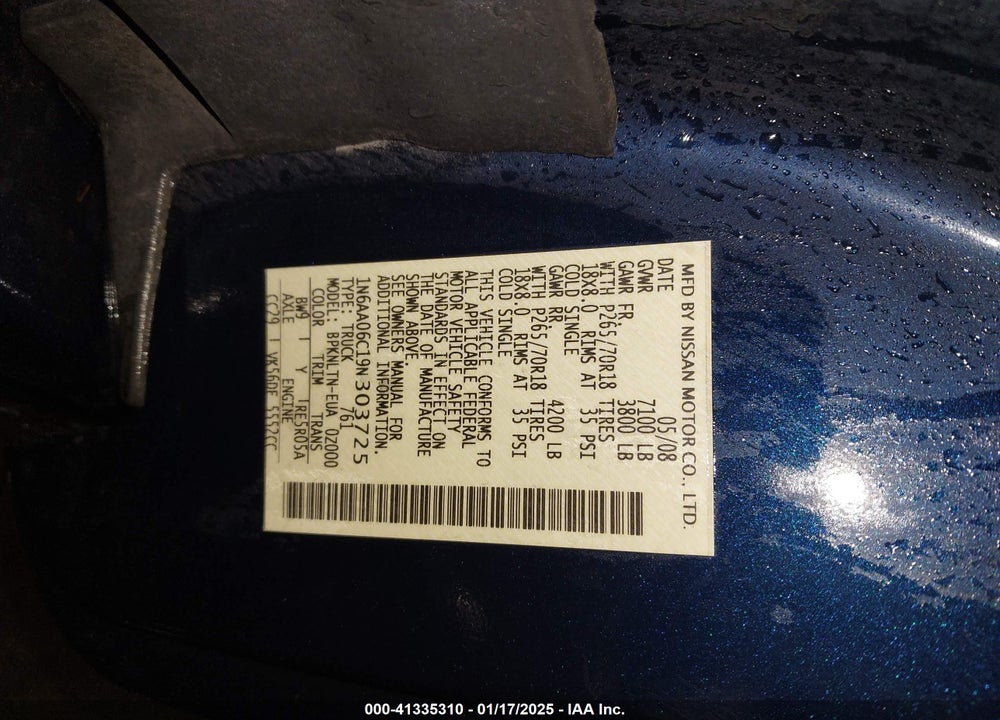 2009 NISSAN TITAN VIN: 1N6AA06C19N303725