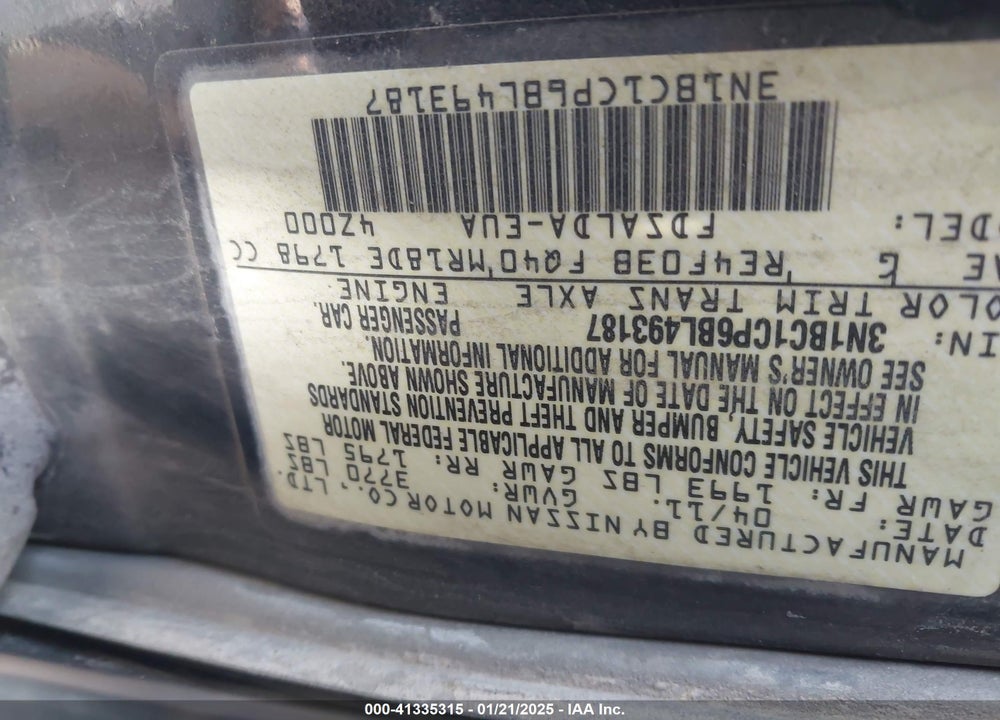 2011 NISSAN VERSA VIN: 3N1BC1CP6BL493187