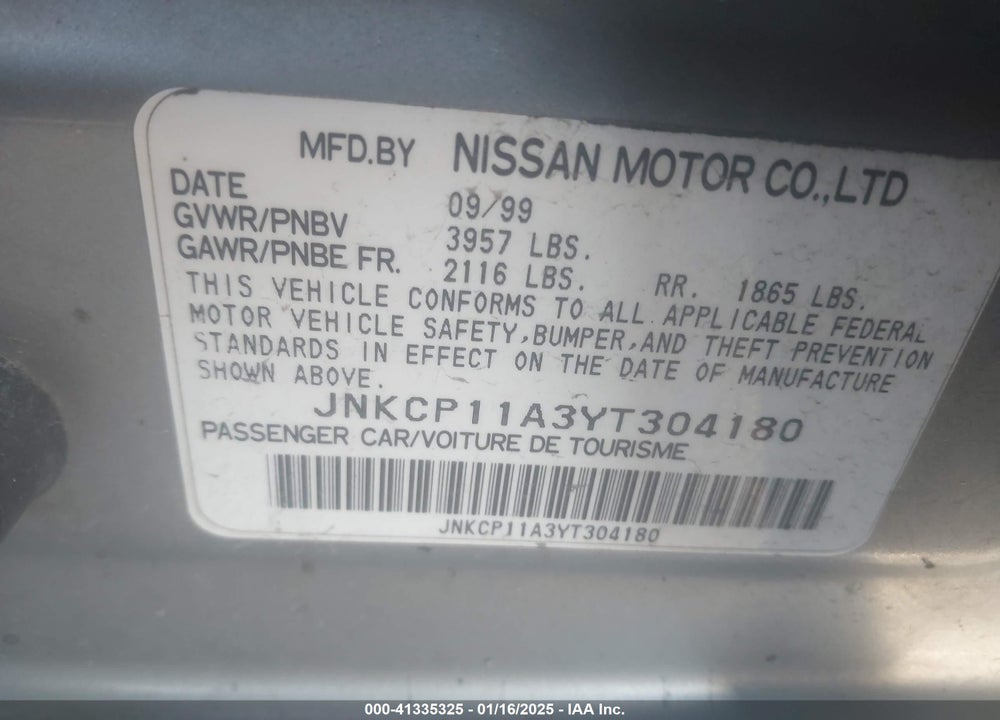 2000 INFINITI G20 VIN: JNKCP11A3YT304180