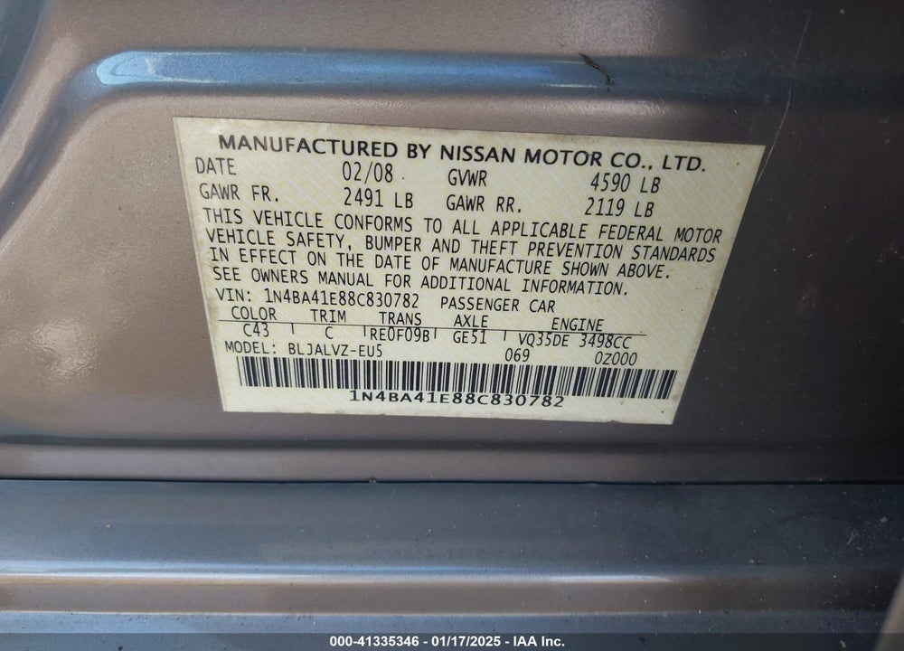 2008 NISSAN MAXIMA 3.5 SE VIN: 1N4BA41E88C830782