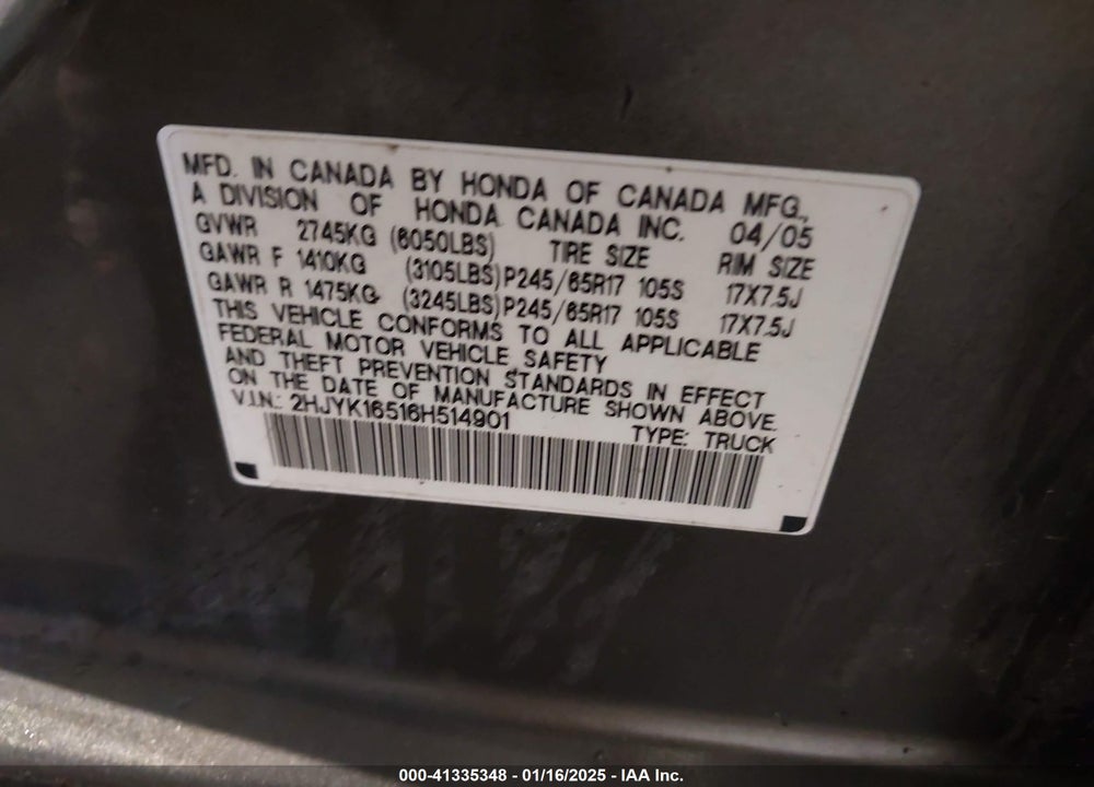 2006 HONDA RIDGELINE RTL VIN: 2HJYK16516H514901