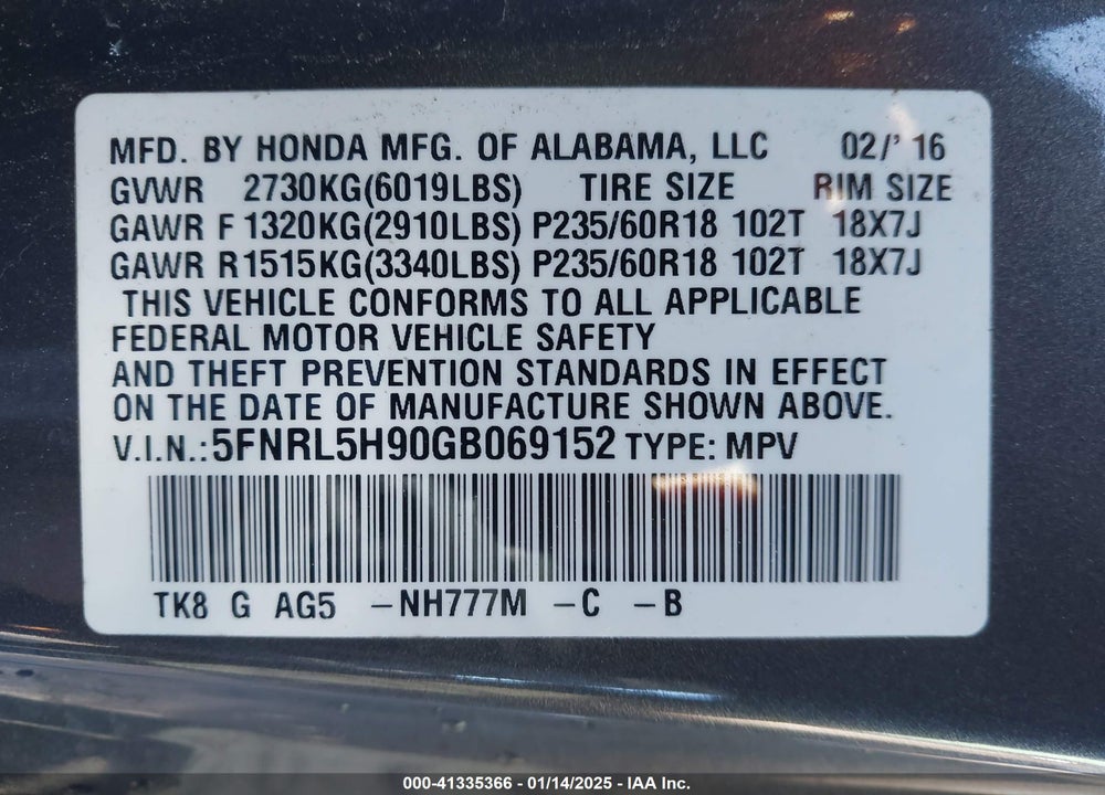 2016 HONDA ODYSSEY TOURING/TOURING ELITE VIN: 5FNRL5H90GB069152