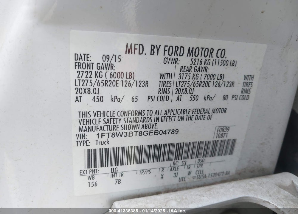 2016 FORD F-350 LARIAT VIN: 1FT8W3BT8GEB04789