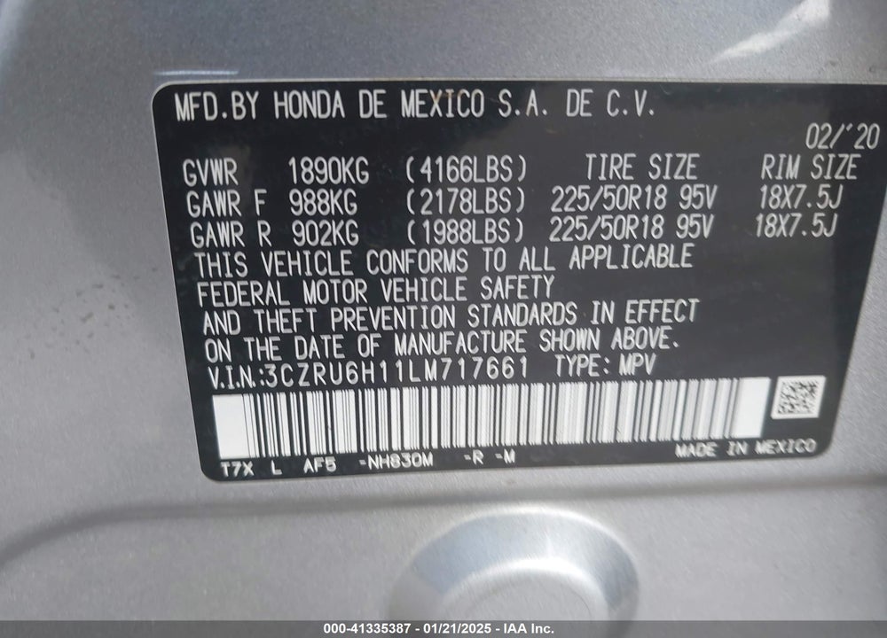 2020 HONDA HR-V AWD SPORT VIN: 3CZRU6H11LM717661