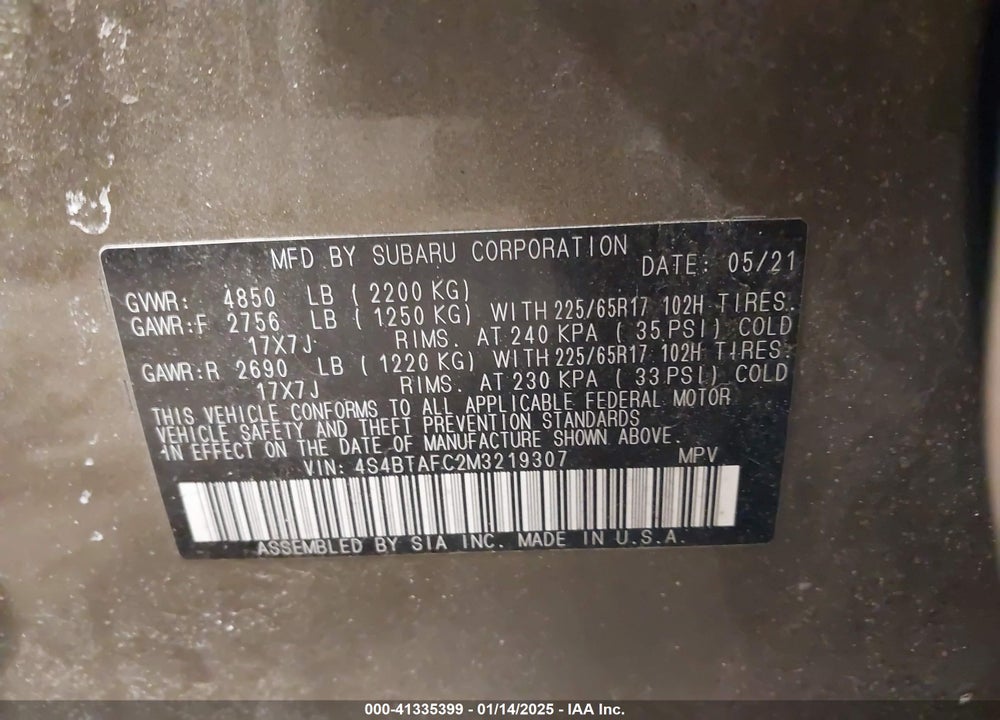 2021 SUBARU OUTBACK PREMIUM VIN: 4S4BTAFC2M3219307