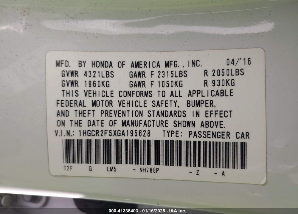 2016 HONDA ACCORD SPORT VIN: 1HGCR2F5XGA195628