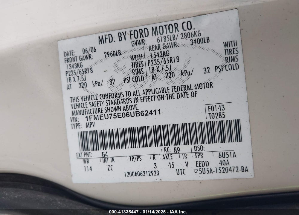 2006 FORD EXPLORER LIMITED VIN: 1FMEU75E06UB62411