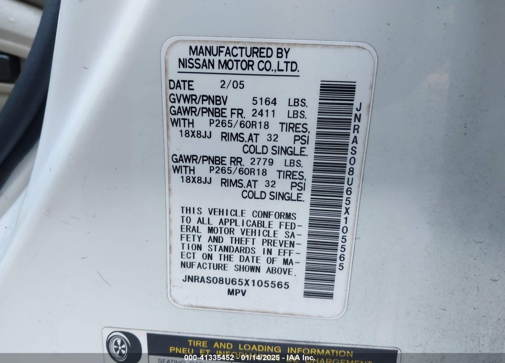 2005 INFINITI FX35 VIN: JNRAS08U65X105565
