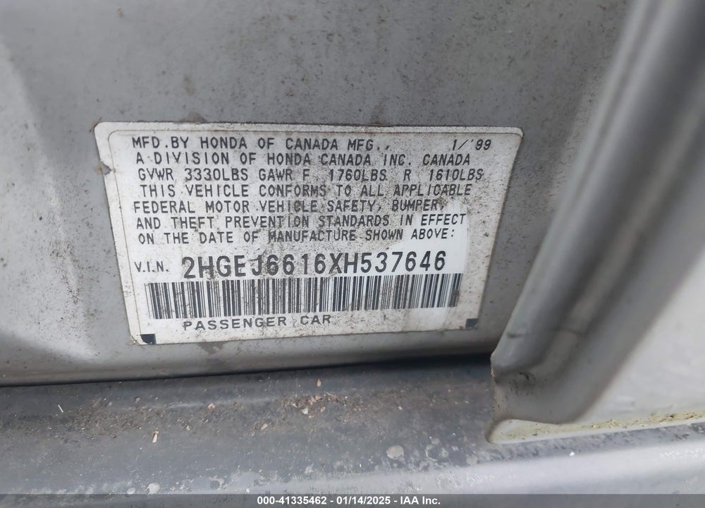 1999 HONDA CIVIC VALUE PACKAGE VIN: 2HGEJ6616XH537646