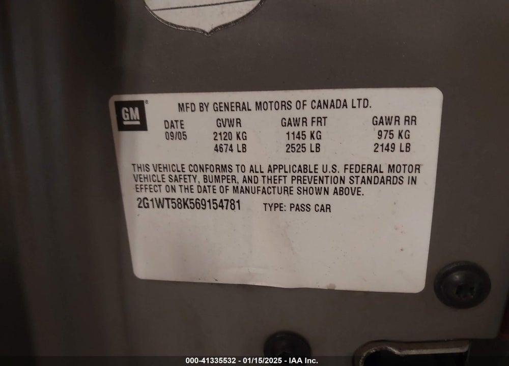 2006 CHEVROLET IMPALA VIN: 2G1WT58K569154781