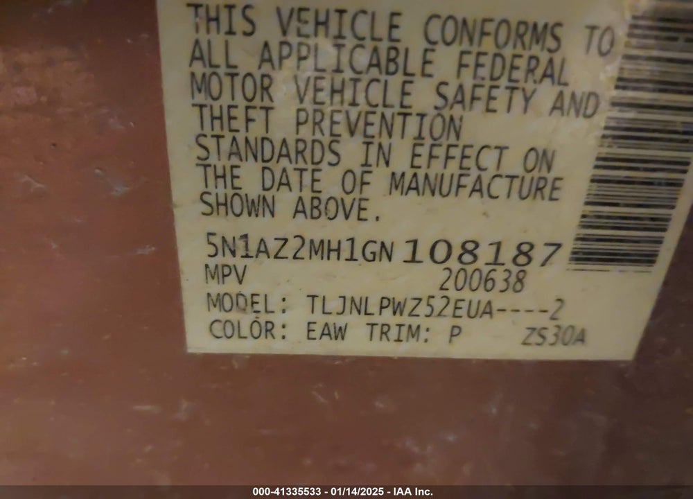 2016 NISSAN MURANO S VIN: 5N1AZ2MH1GN108187