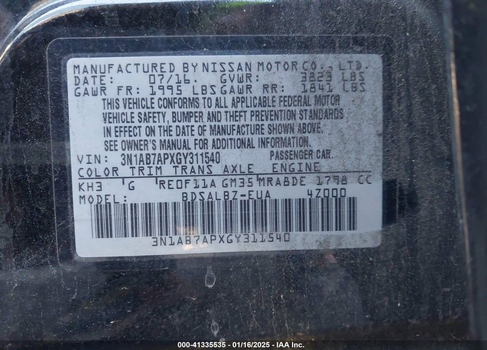 2016 NISSAN SENTRA VIN: 3N1AB7APXGY311540