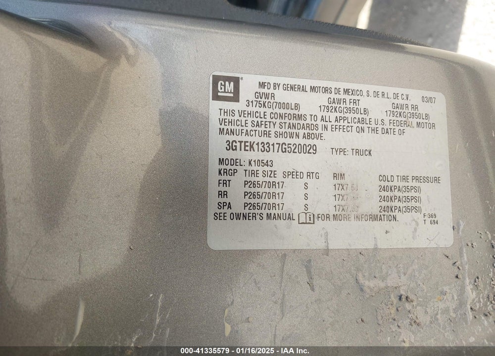 2007 GMC SIERRA 1500 SLE1 VIN: 3GTEK13317G520029