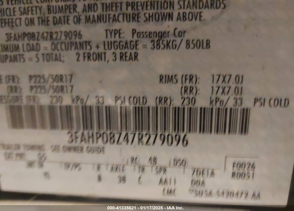 2007 FORD FUSION VIN: 3FAHP08Z47R279096