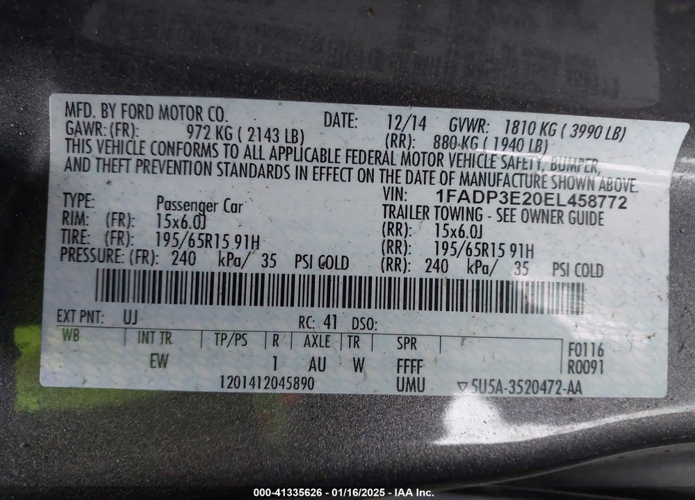 2014 FORD FOCUS VIN: 1FADP3E20EL458772