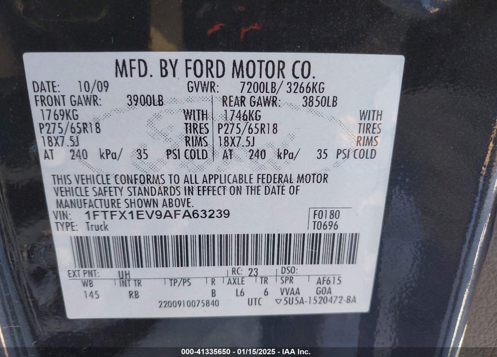 2010 FORD F-150 FX4/LARIAT/XL/XLT VIN: 1FTFX1EV9AFA63239