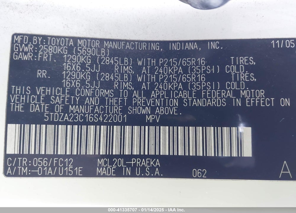 2006 TOYOTA SIENNA LE VIN: 5TDZA23C16S422001