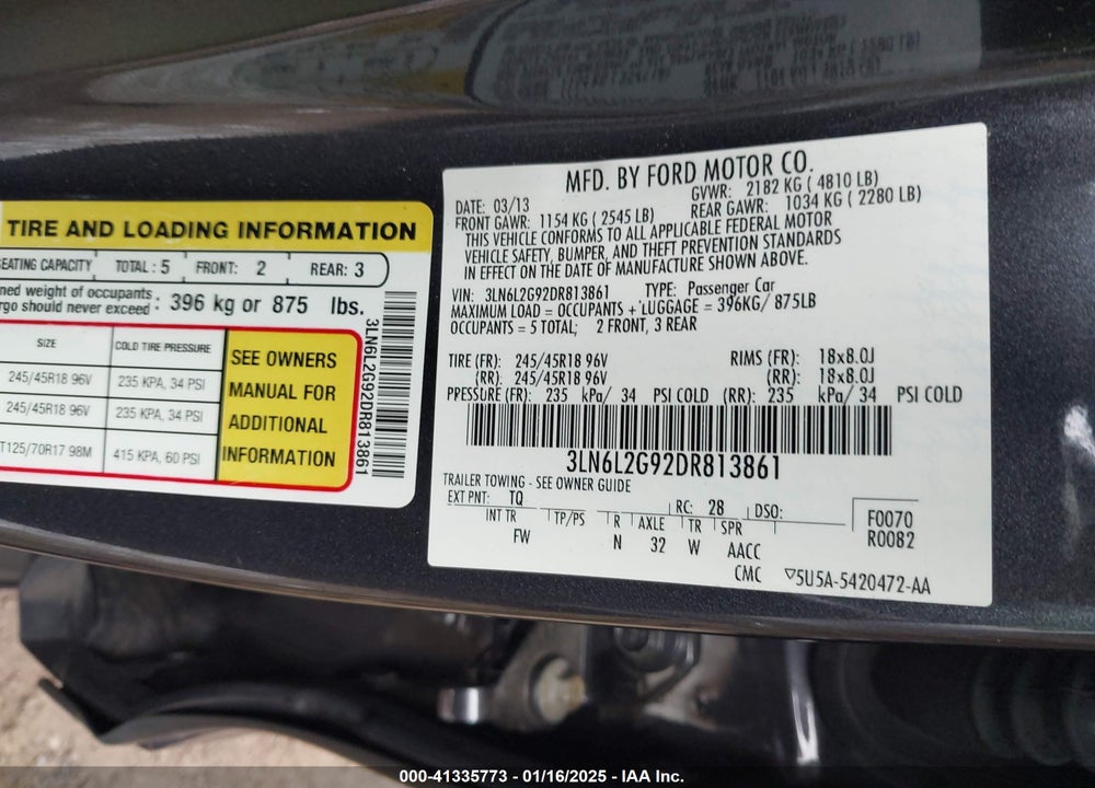 2013 LINCOLN MKZ VIN: 3LN6L2G92DR813861