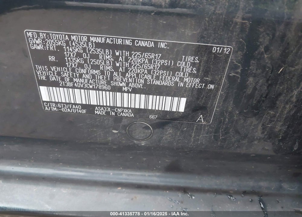 2012 TOYOTA RAV4 VIN: 2T3BF4DV3CW178960