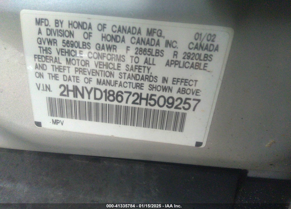 2002 ACURA MDX VIN: 2HNYD18672H509257