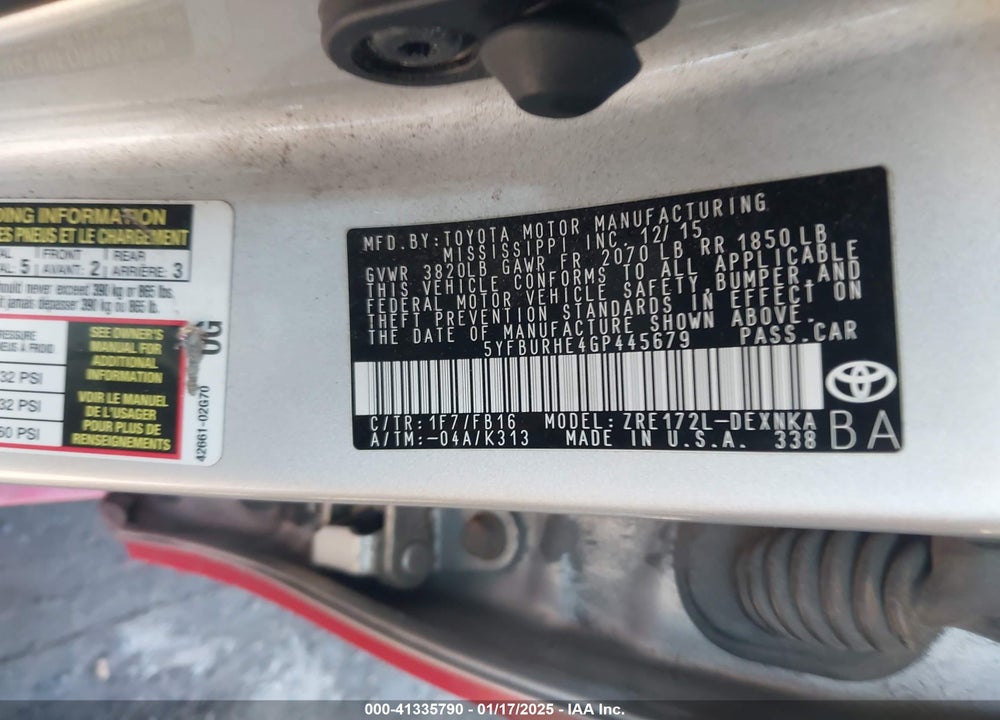 2016 TOYOTA COROLLA VIN: 5YFBURHE4GP445679