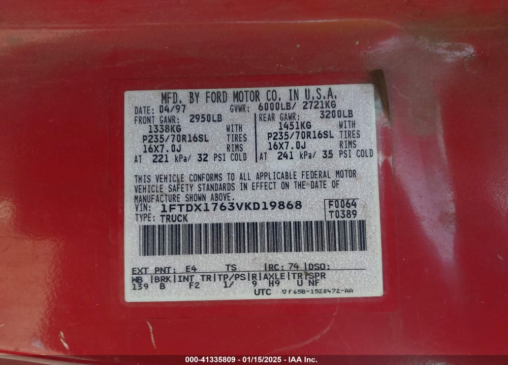 1997 FORD F-150 LARIAT/STANDARD/XL/XLT VIN: 1FTDX1763VKD19868